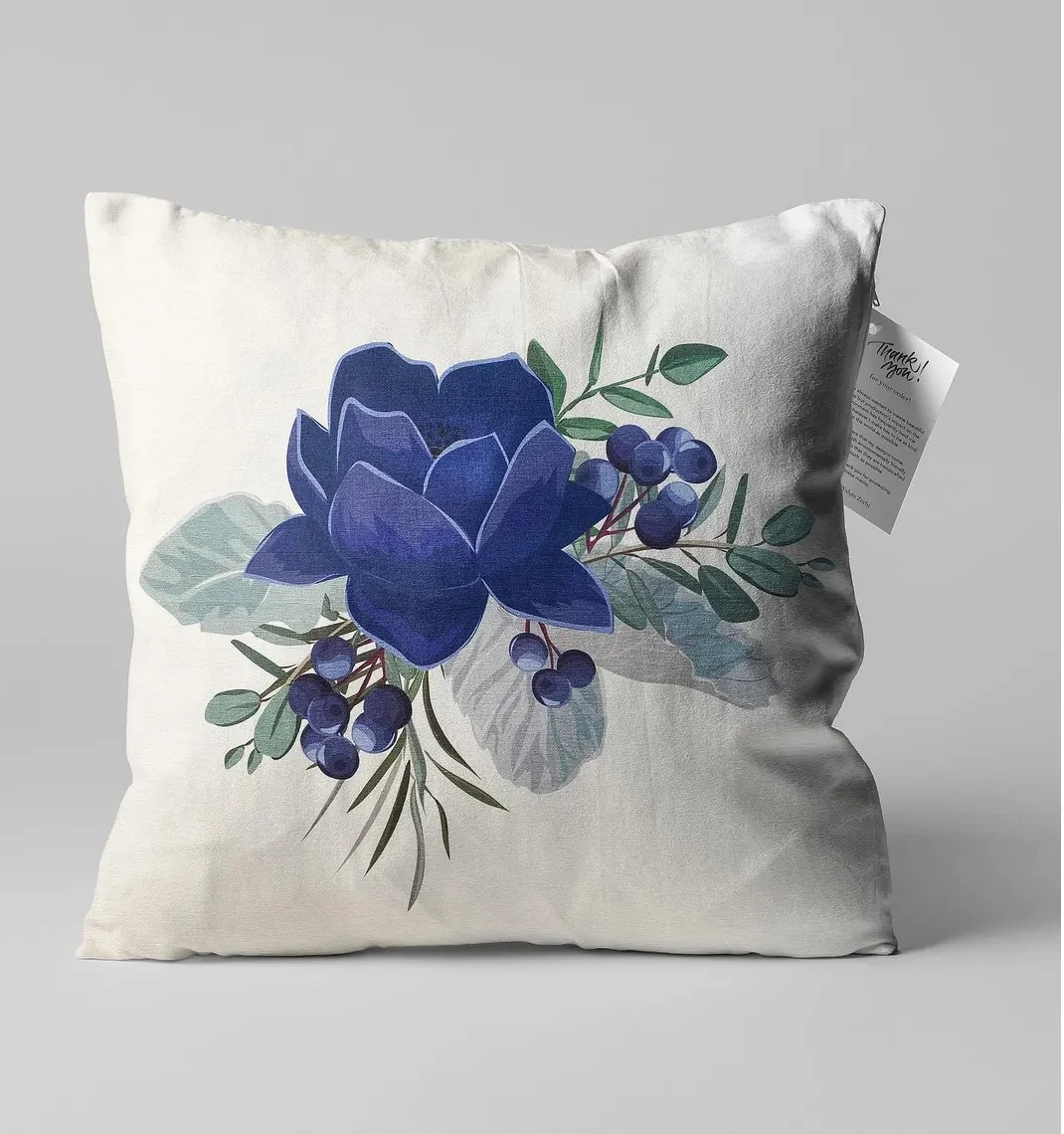 Blue Lotus and Berry Wreath Throw Pillow Cover 18x18 Inches