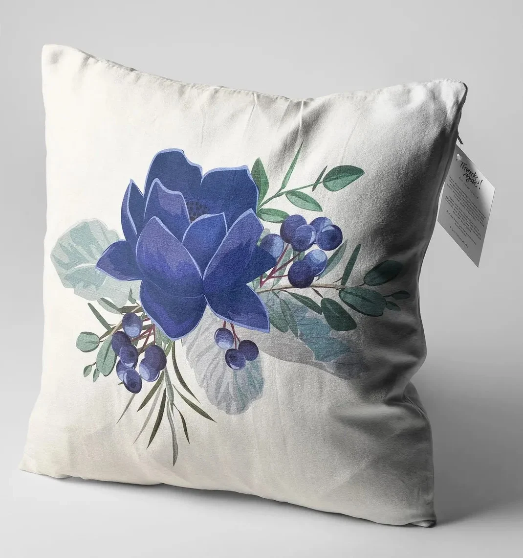 Blue Lotus and Berry Wreath Throw Pillow Cover 18x18 Inches Blue Lotus and Berry Wreath Throw Pillow Cover 18x18 Inches