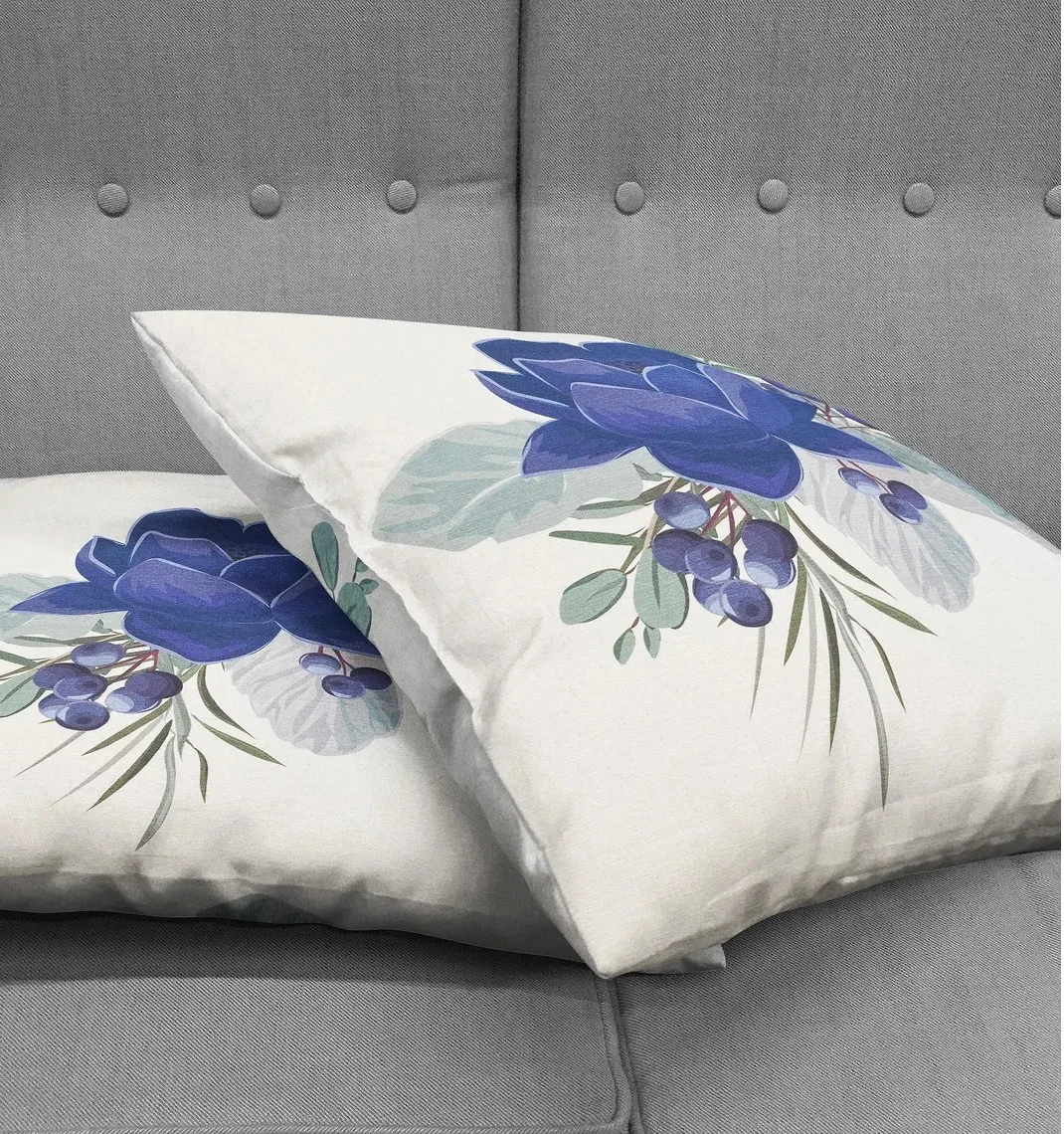 Blue Lotus and Berry Wreath Throw Pillow Cover 18x18 Inches Blue Lotus and Berry Wreath Throw Pillow Cover 18x18 Inches