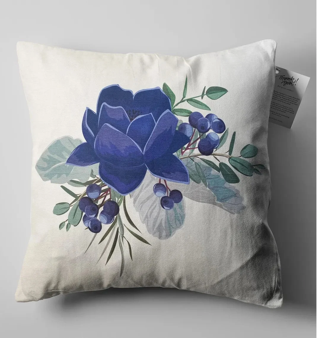 Blue Lotus and Berry Wreath Throw Pillow Cover 18x18 Inches Blue Lotus and Berry Wreath Throw Pillow Cover 18x18 Inches
