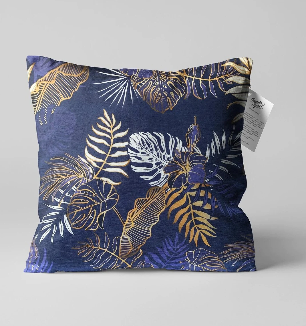 Gold Foil Tropical Leaf Throw Pillow Cover 18x18 Inches