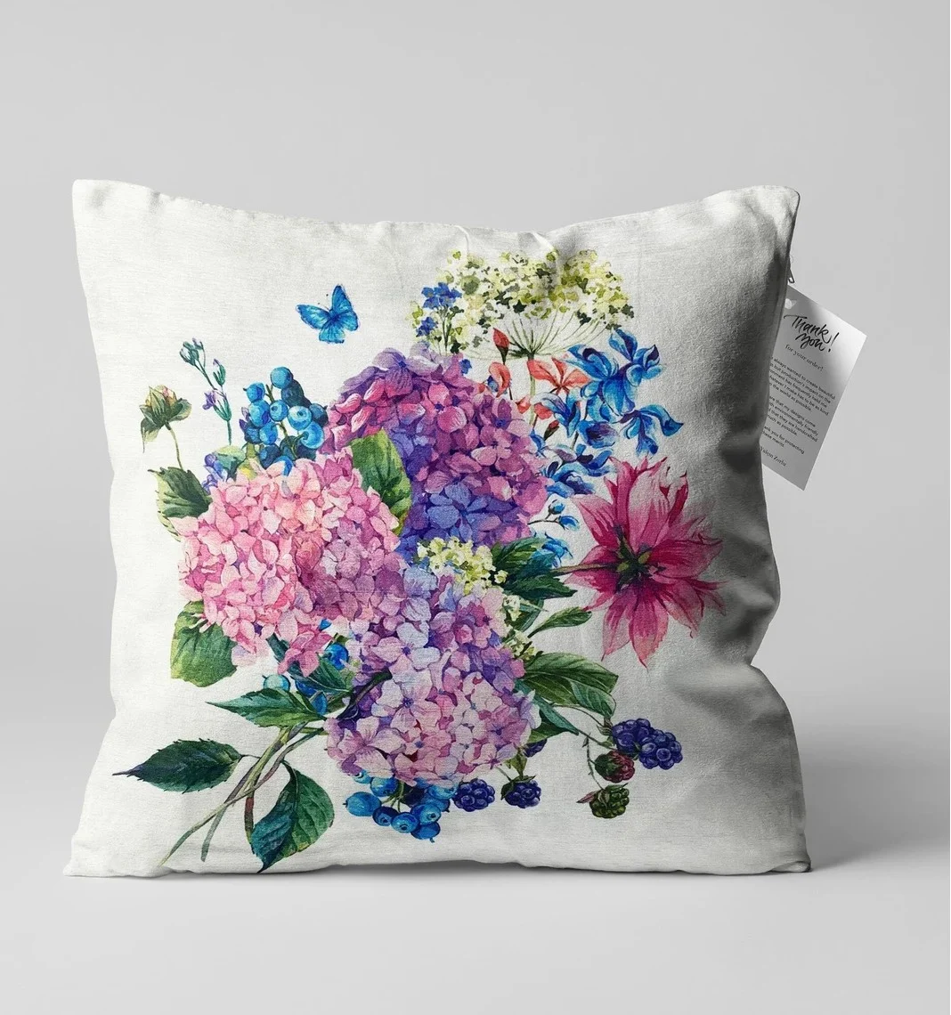 Hydrangea and Wildflower Throw Pillow Cover 18x18 Inches