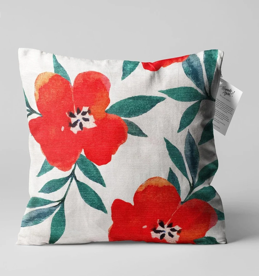 Red Poppy and Leaf Throw Pillow Cover 18x18 Inches