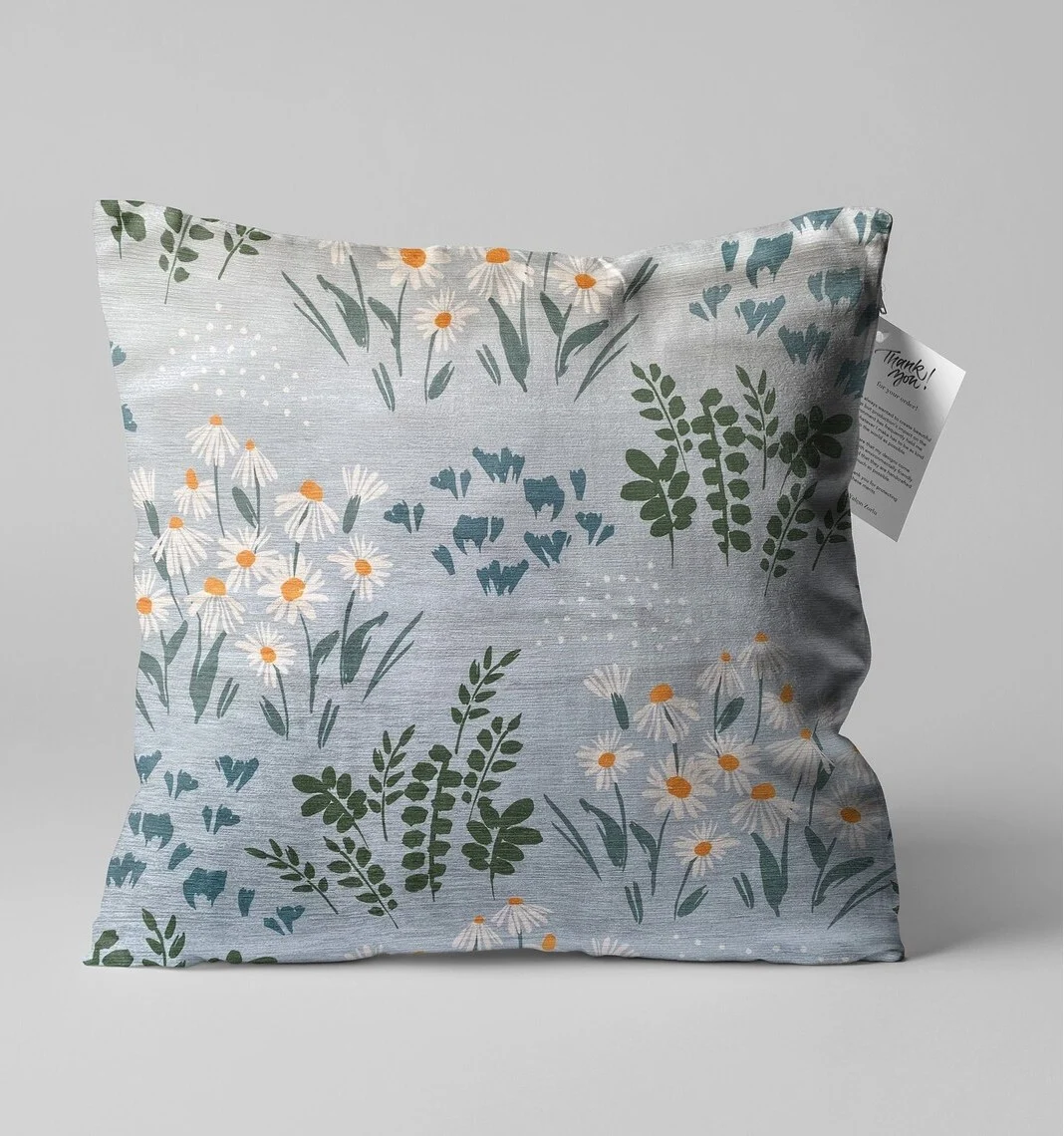 Watercolor Daisy and Leaf Throw Pillow Cover 18x18 Inches