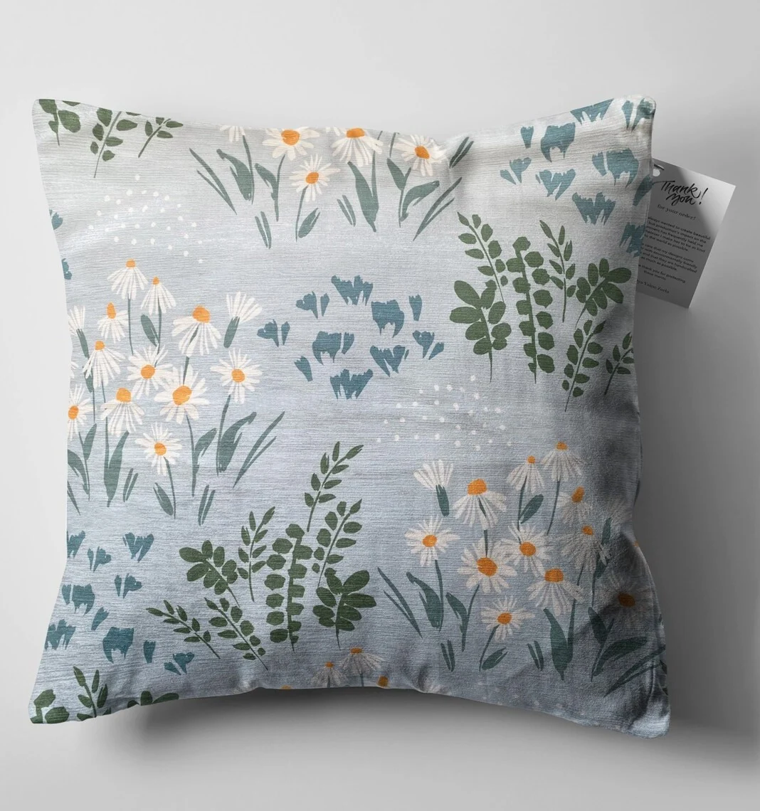 Watercolor Daisy and Leaf Throw Pillow Cover 18x18 Inches Watercolor Daisy and Leaf Throw Pillow Cover 18x18 Inches